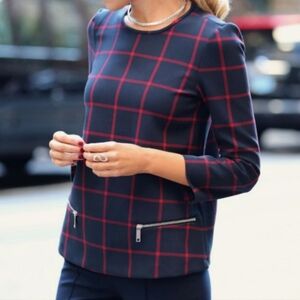 Zara Plaid Top with zipper pocket detail Red and very dark blue Womens small